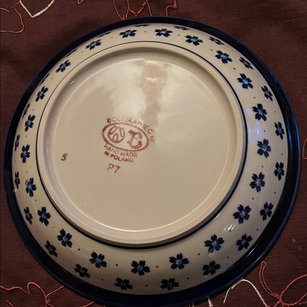 Polish Pottery Floral Blue and White Ceramic Bowl - Picture 3 of 7